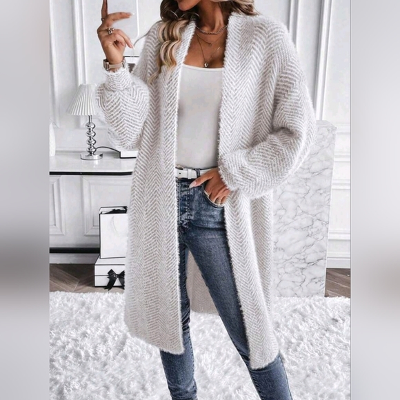 New Chic Fluffy Chevron Knit Cardigan Sweater Duster White Cream Ivory Tan - Picture 5 of 8